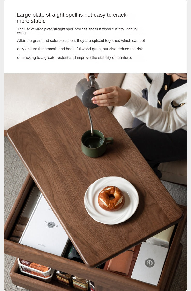 Black Walnut, Teak Solid Wood Raised and Lowered Rotating Coffee Table.