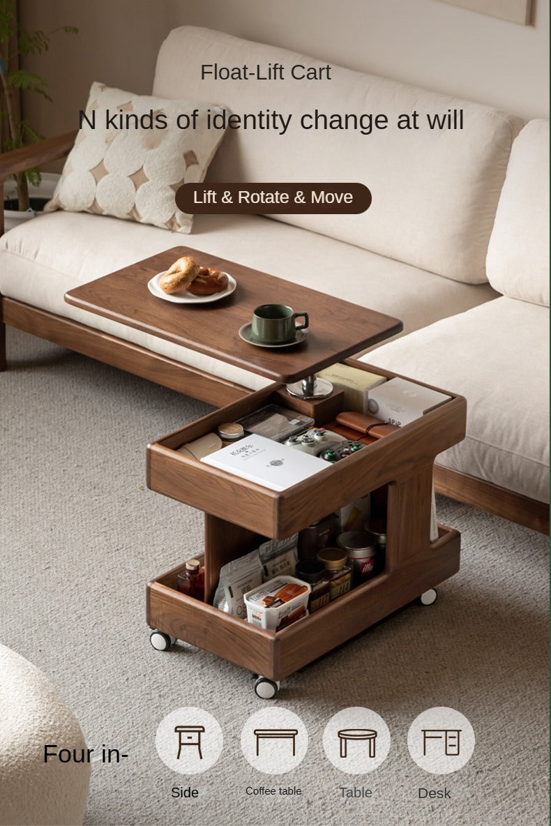 Black Walnut, Teak Solid Wood Raised and Lowered Rotating Coffee Table.