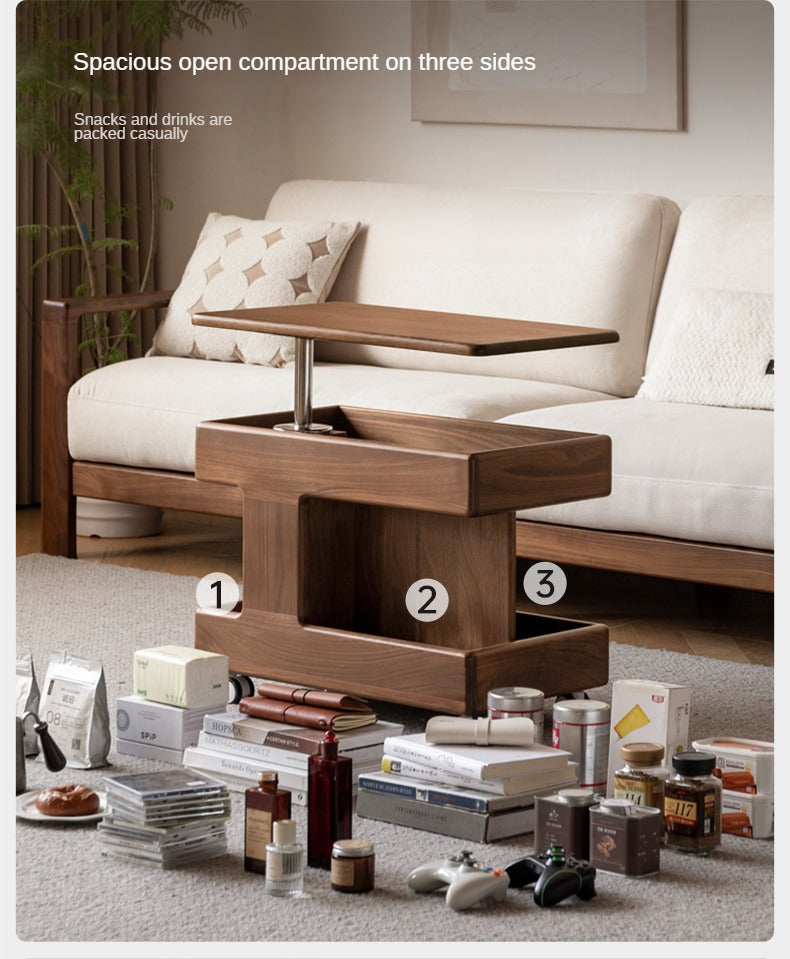 Black Walnut, Teak Solid Wood Raised and Lowered Rotating Coffee Table.