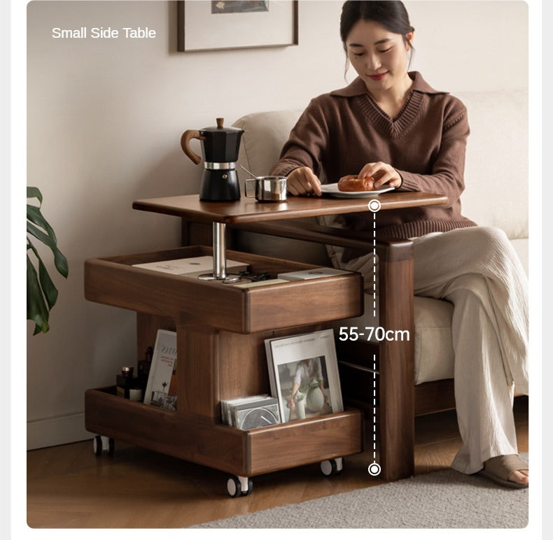 Black Walnut, Teak Solid Wood Raised and Lowered Rotating Coffee Table.