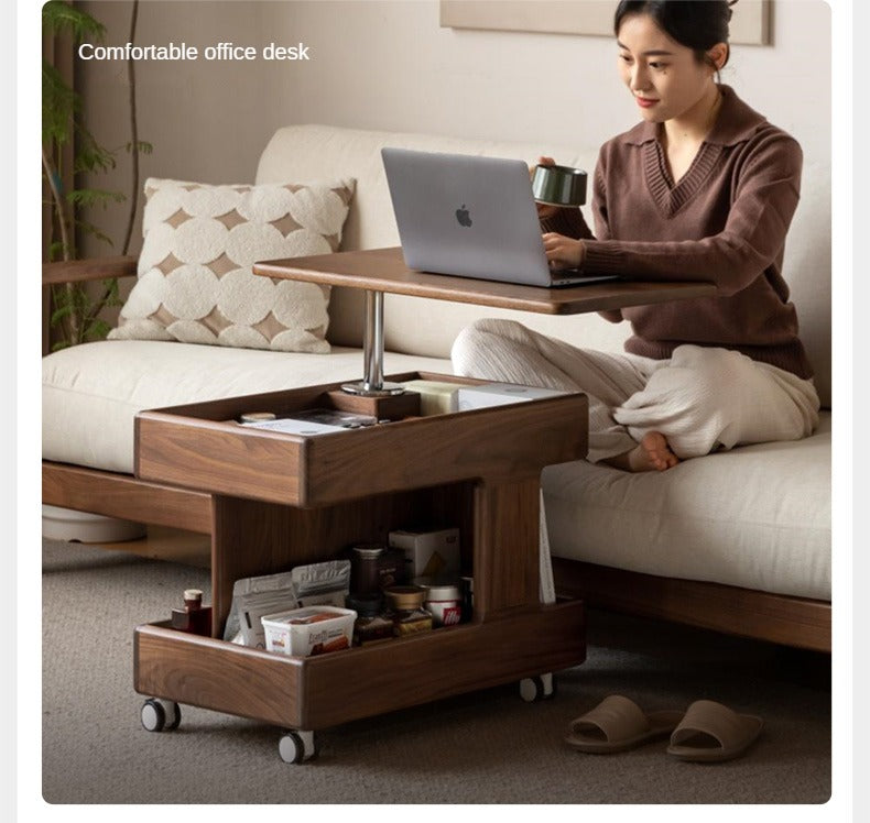 Black Walnut, Teak Solid Wood Raised and Lowered Rotating Coffee Table.