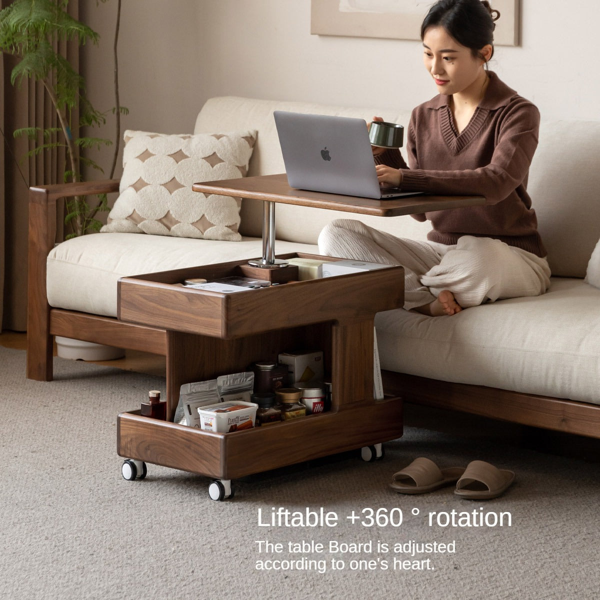 Black Walnut, Teak Solid Wood Raised and Lowered Rotating Coffee Table.