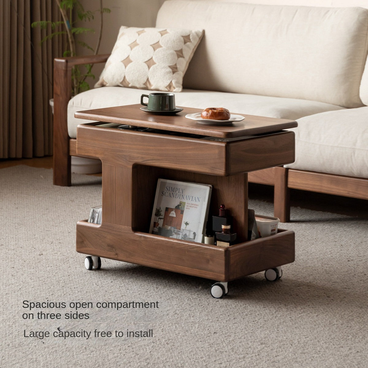 Black Walnut, Teak Solid Wood Raised and Lowered Rotating Coffee Table.