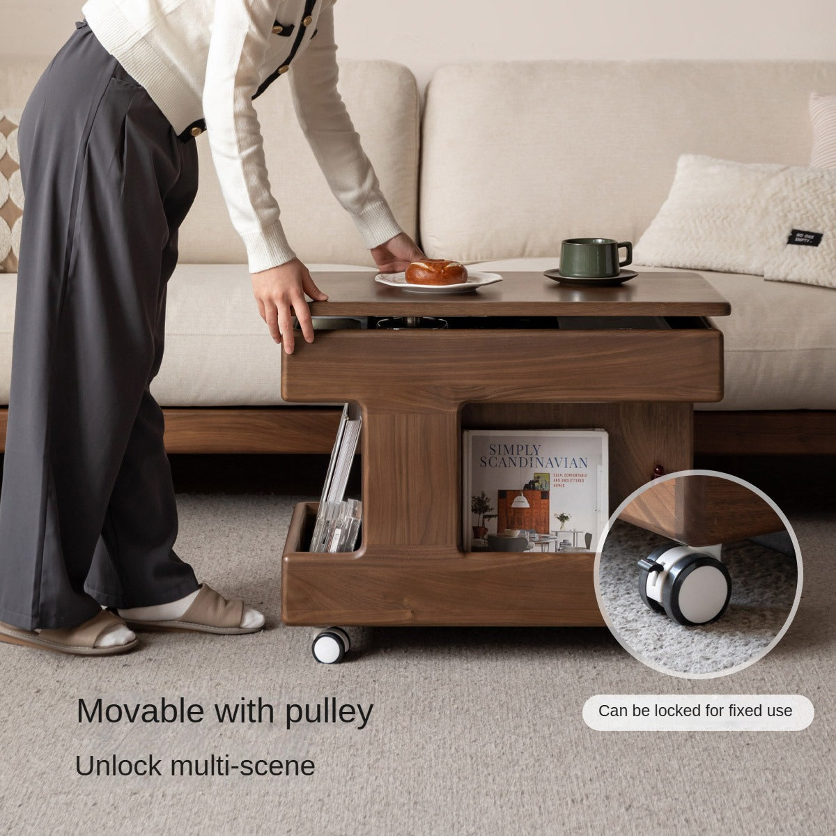 Black Walnut, Teak Solid Wood Raised and Lowered Rotating Coffee Table.