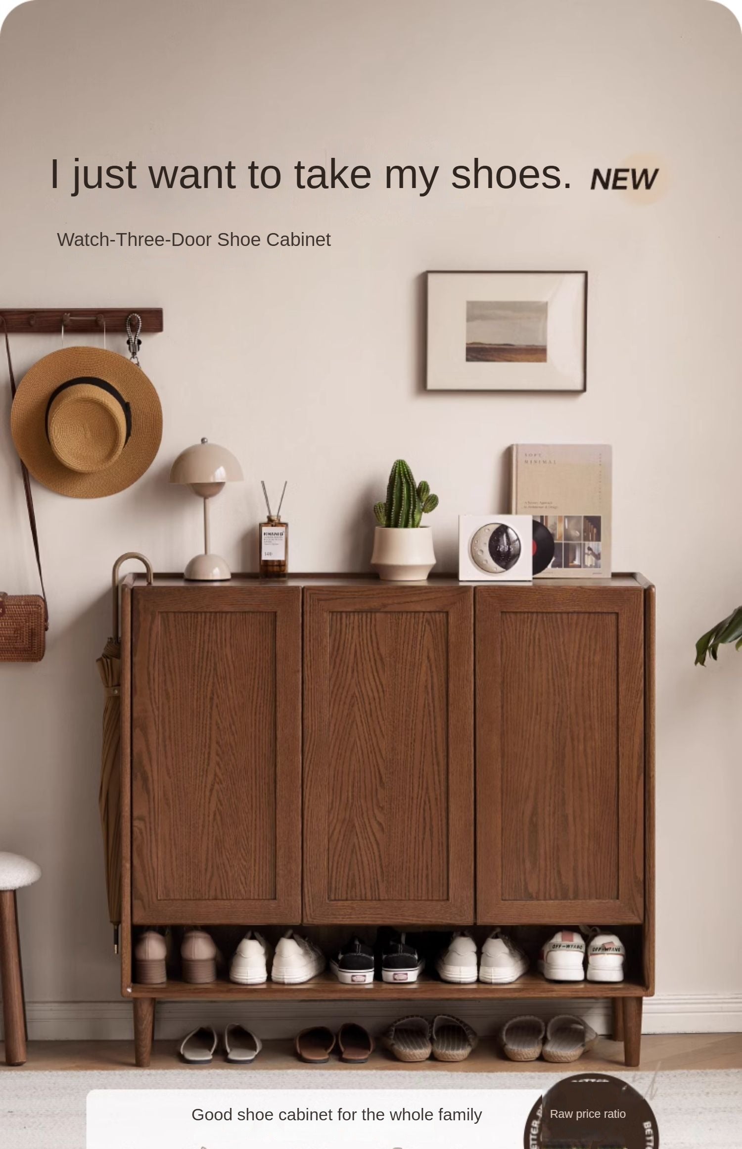 Oak, Solid Rubber Wood Large Capacity Shoe Cabinet