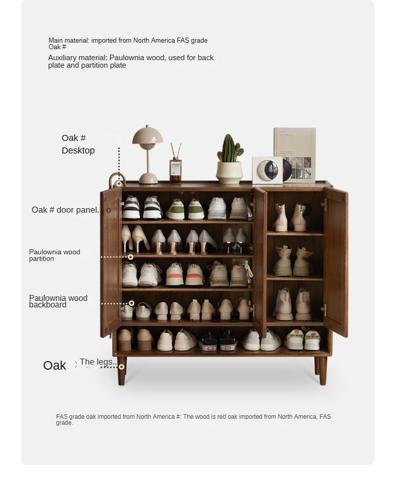 Oak, Solid Rubber Wood Large Capacity Shoe Cabinet