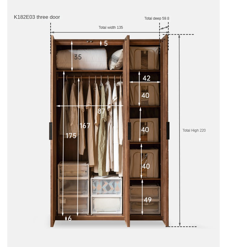 Black Walnut Solid Wood Wardrobe Combination Storage Cabinet.