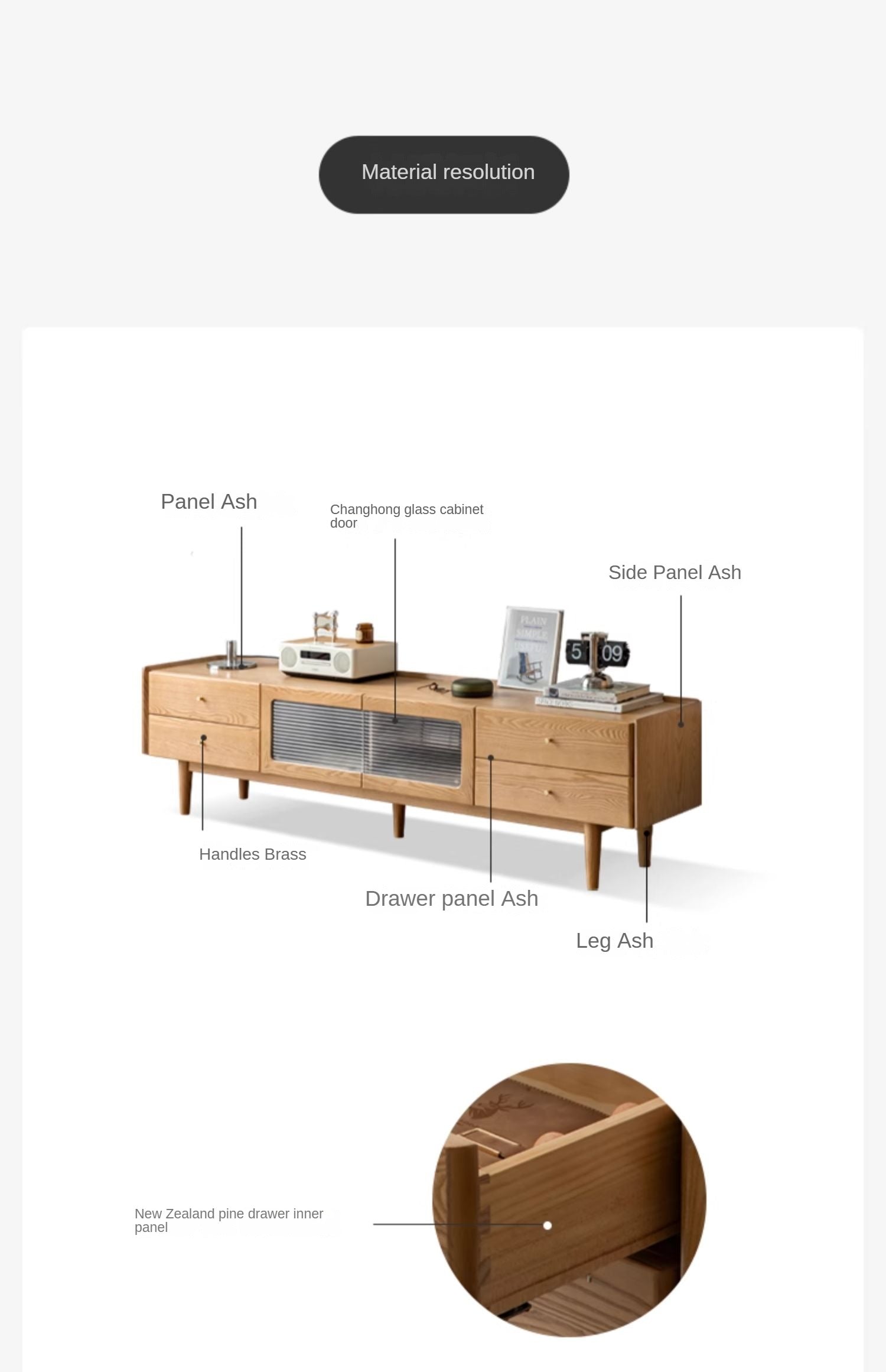 Ash Solid Wood Nordic White Wax TV Cabinet.