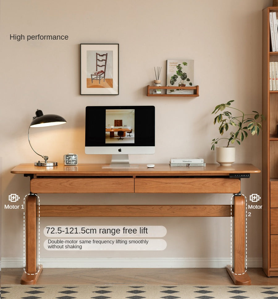 Cherry Solid Wood Electric Lift Dual Motor Office Desk