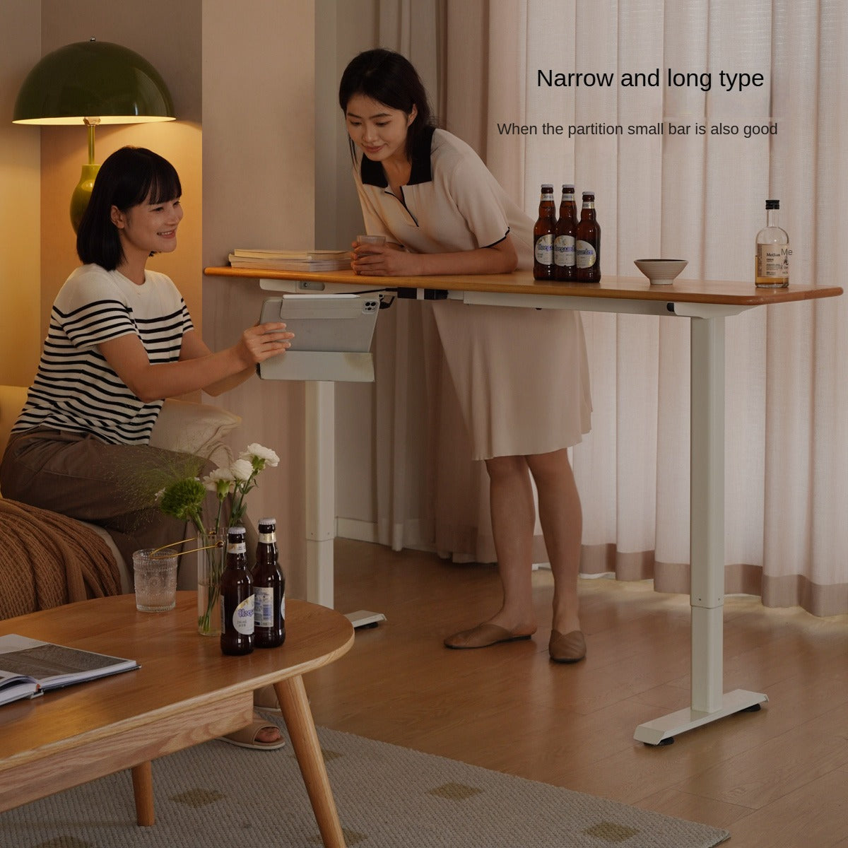 Oak Solid Wood Electric Lift Narrow Long Desk