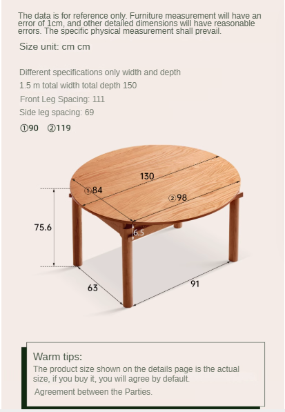 Cherry Solid Wood Retractable Folding Round Table