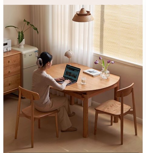 Cherry Solid Wood Retractable Folding Round Table