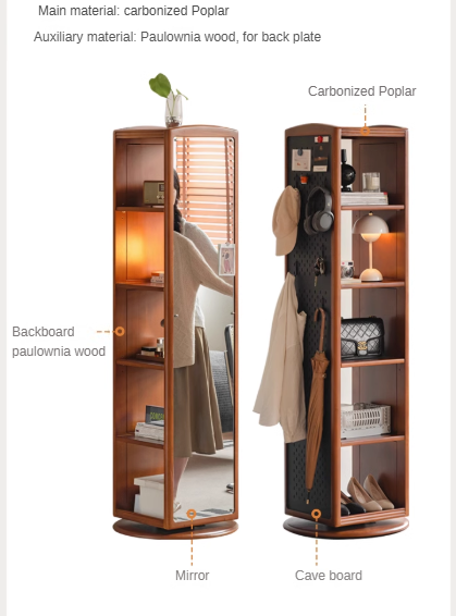 Poplar, Cherry Solid Wood Rotating Multi-Function Retro Mirror Bookshelf