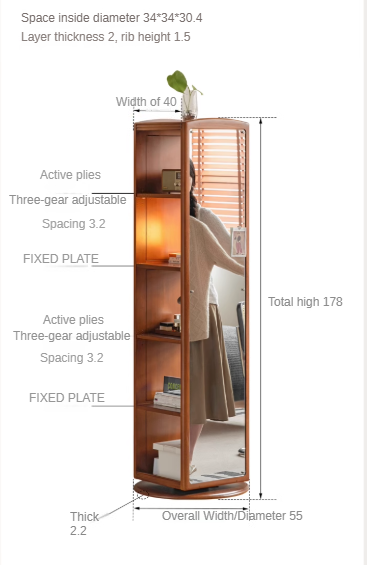 Poplar, Cherry Solid Wood Rotating Multi-Function Retro Mirror Bookshelf