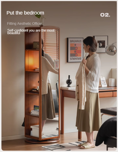 Poplar, Cherry Solid Wood Rotating Multi-Function Retro Mirror Bookshelf