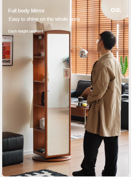 Poplar, Cherry Solid Wood Rotating Multi-Function Retro Mirror Bookshelf