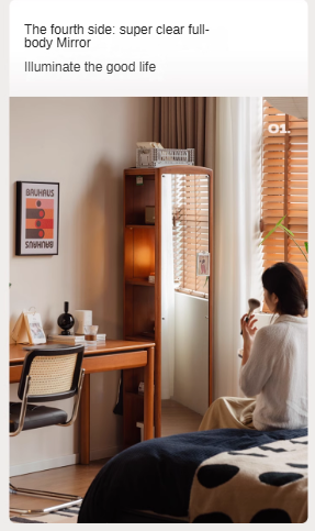Poplar, Cherry Solid Wood Rotating Multi-Function Retro Mirror Bookshelf