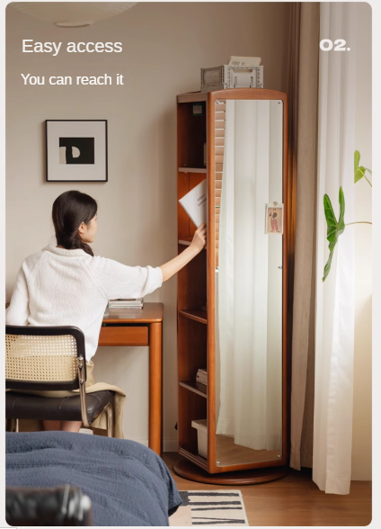 Poplar, Cherry Solid Wood Rotating Multi-Function Retro Mirror Bookshelf