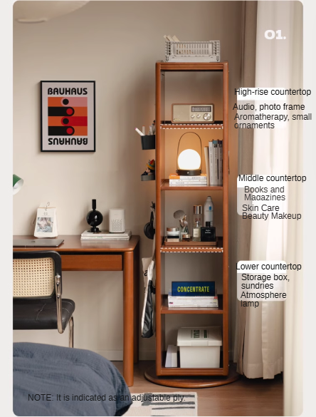 Poplar, Cherry Solid Wood Rotating Multi-Function Retro Mirror Bookshelf