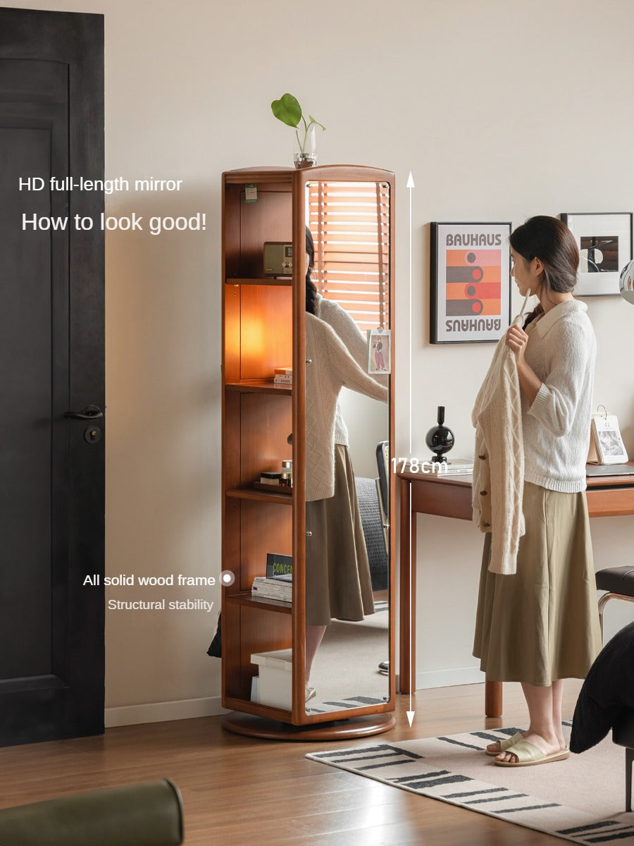 Poplar, Cherry Solid Wood Rotating Multi-Function Retro Mirror Bookshelf