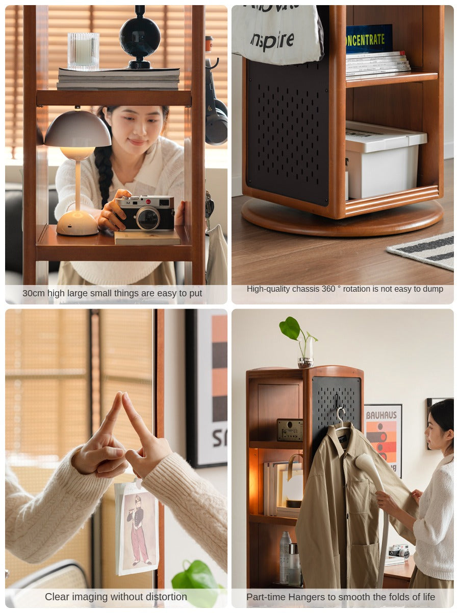 Poplar, Cherry Solid Wood Rotating Multi-Function Retro Mirror Bookshelf