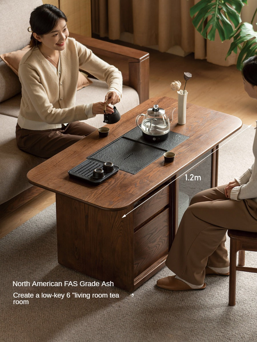 Ash Solid Wood Mobile Tea Brewing Integrated Tea Table