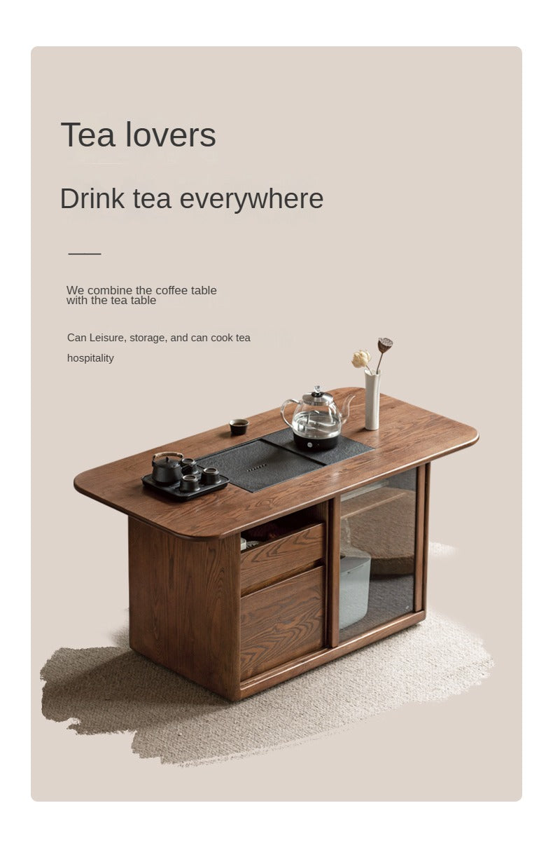 Ash Solid Wood Mobile Tea Brewing Integrated Tea Table