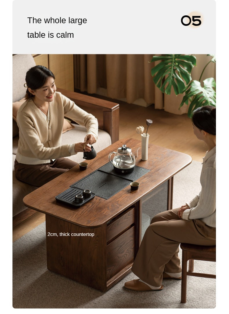 Ash Solid Wood Mobile Tea Brewing Integrated Tea Table