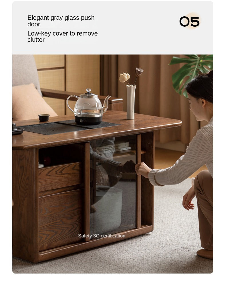 Ash Solid Wood Mobile Tea Brewing Integrated Tea Table