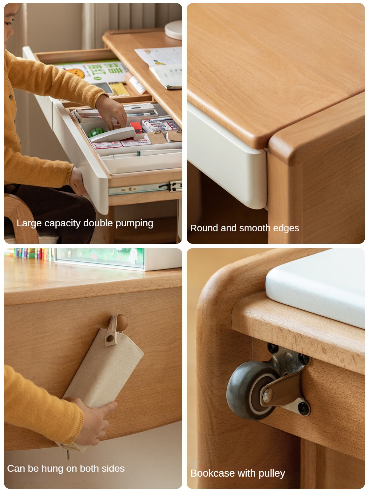 Beech Solid Wood Bookshelf Integrated Children's Desk.