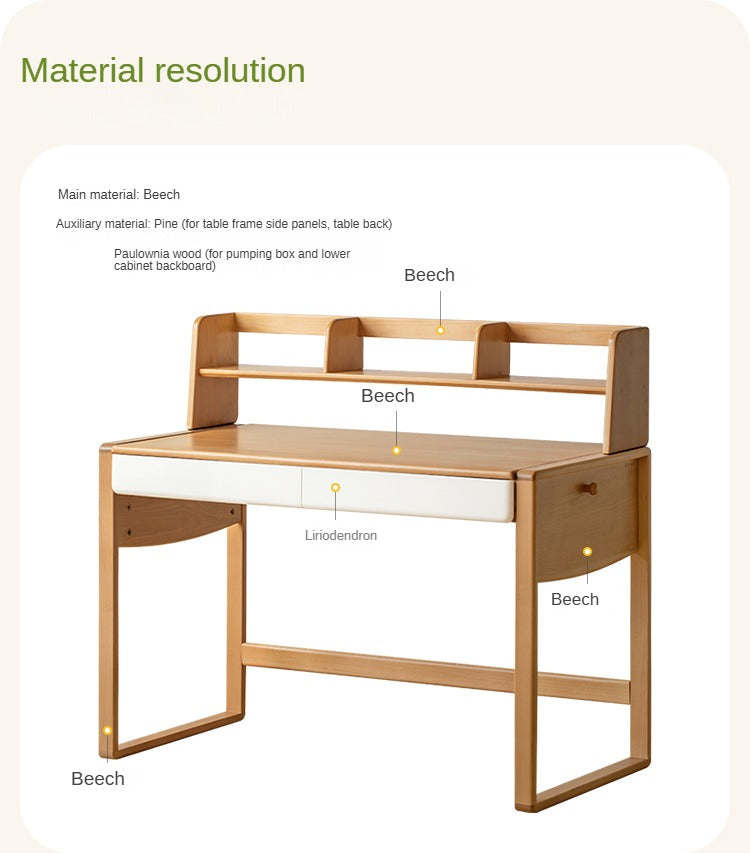 Beech Solid Wood Bookshelf Integrated Children's Desk.