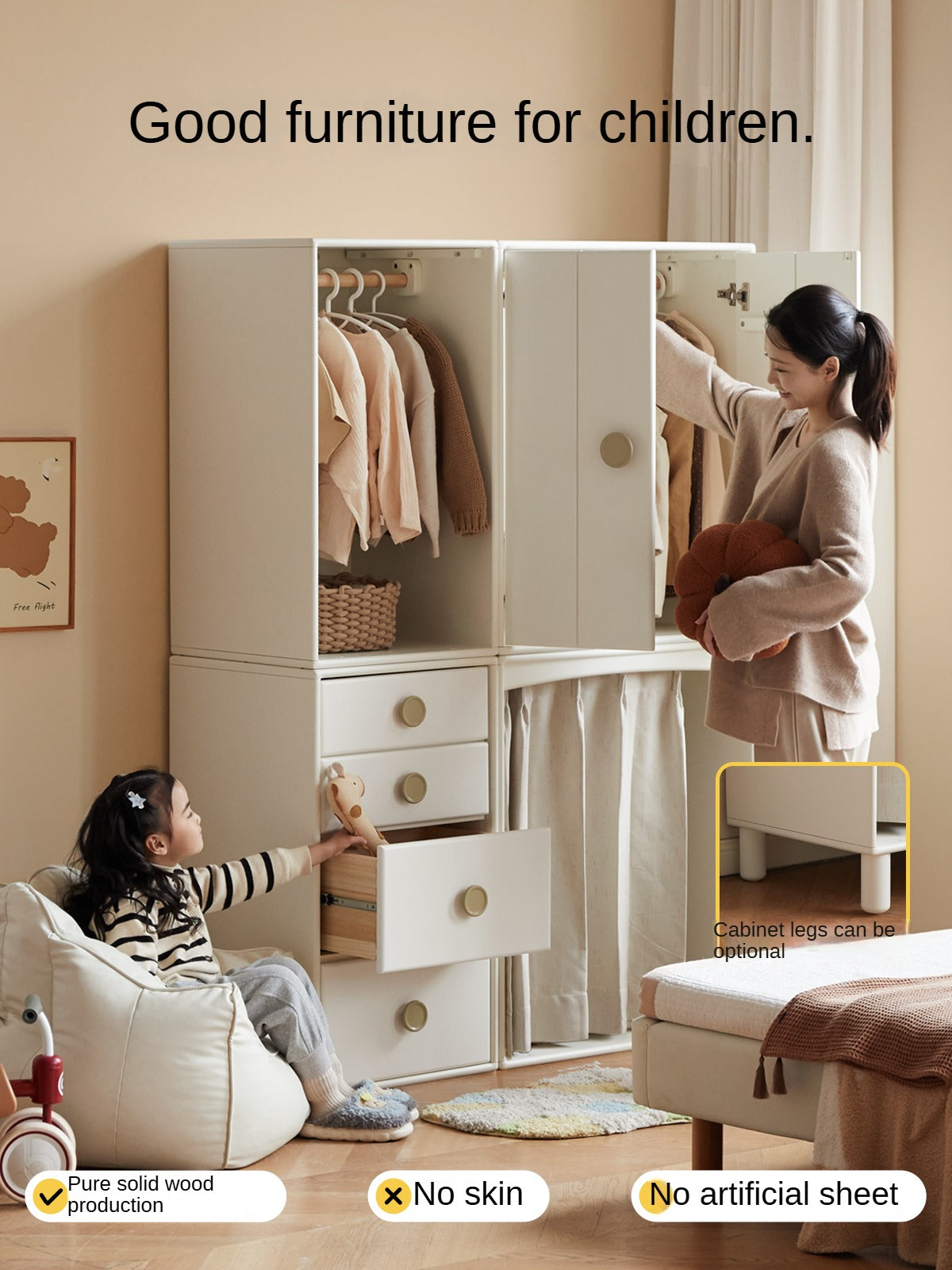 Rubber Solid Wood Children's Wardrobe Combination Storage Cabinet.