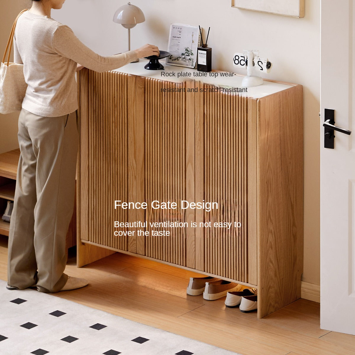 Oak Solid Wood Modern Simple Rock Plate Shoe Cabinet.