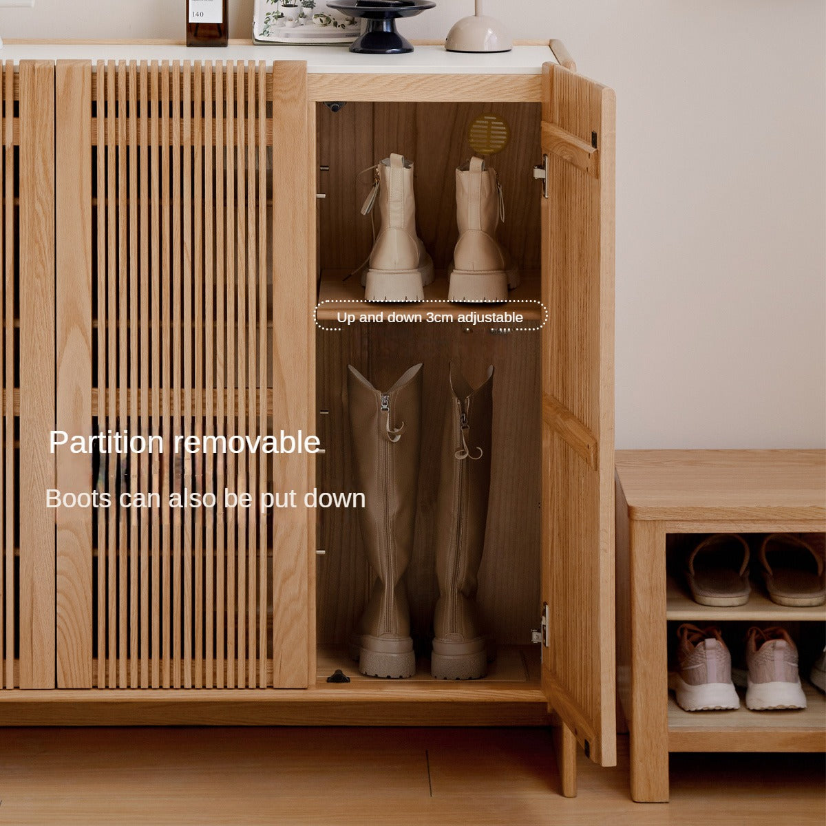 Oak Solid Wood Modern Simple Rock Plate Shoe Cabinet.