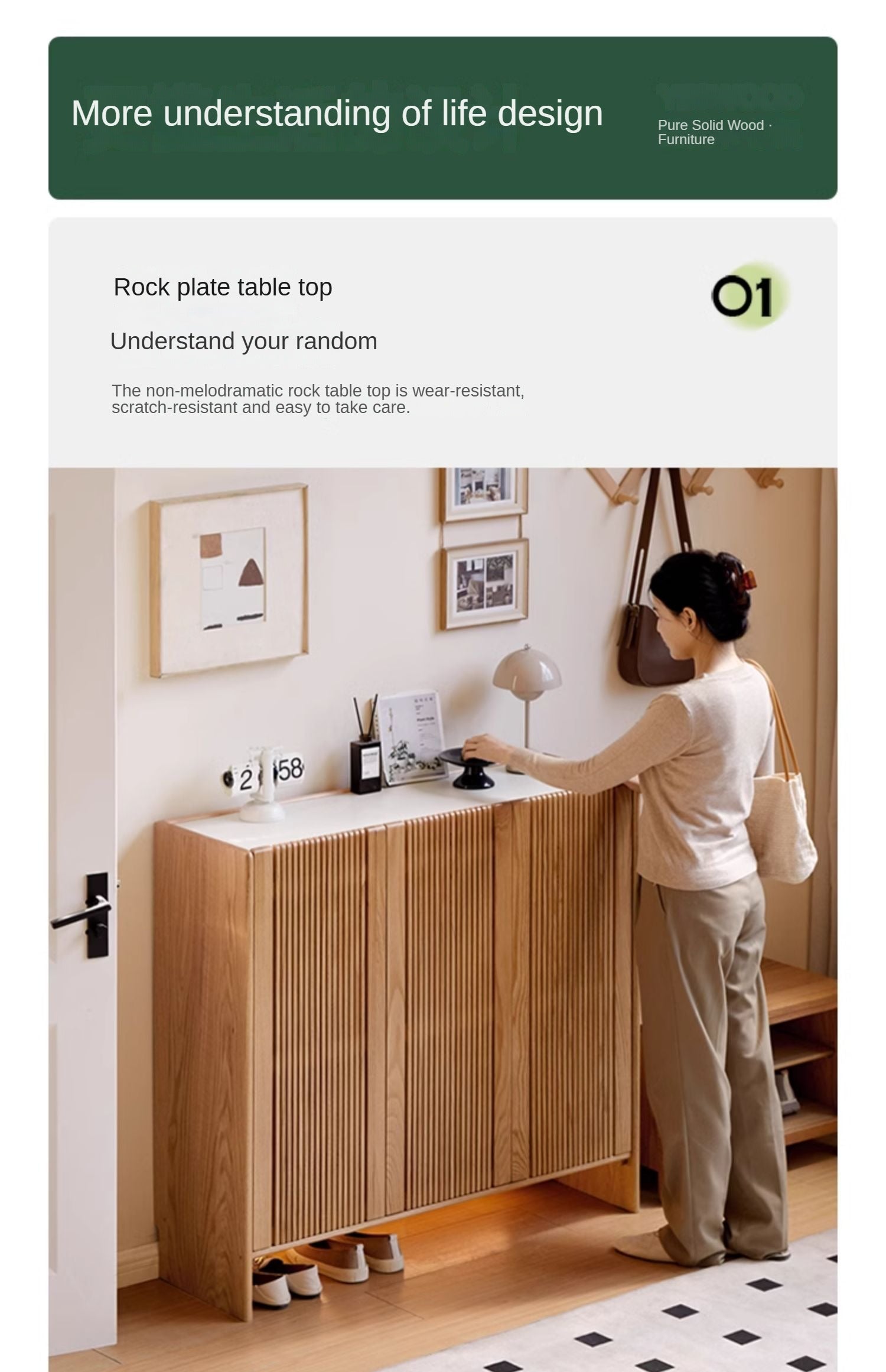 Oak Solid Wood Modern Simple Rock Plate Shoe Cabinet.