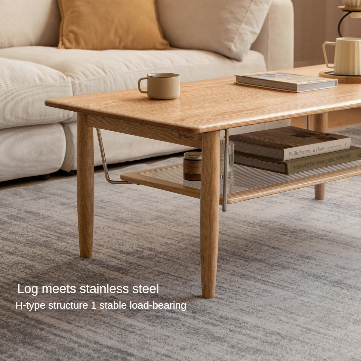 Oak Solid Wood Double-Layer Coffee Table-