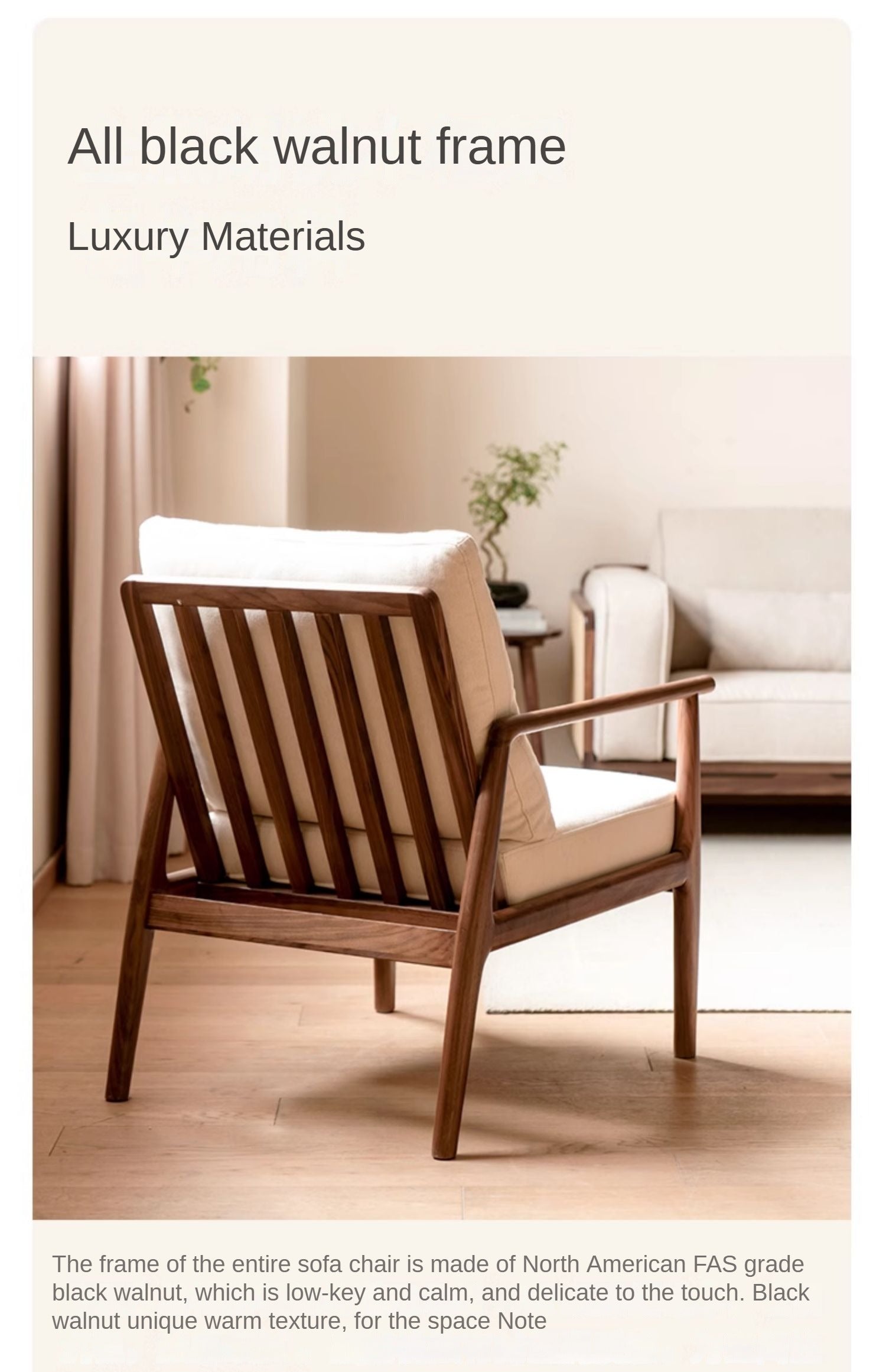 Black Walnut, Ash Solid Wood Backrest Leisure Sofa Chair.