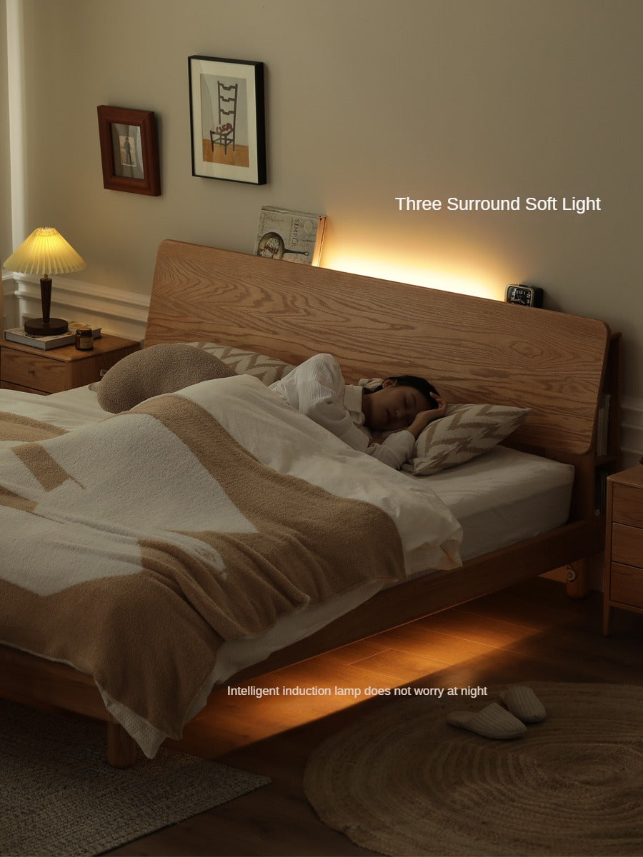 Oak Solid Wood Soft Light With Bookshelf Bed