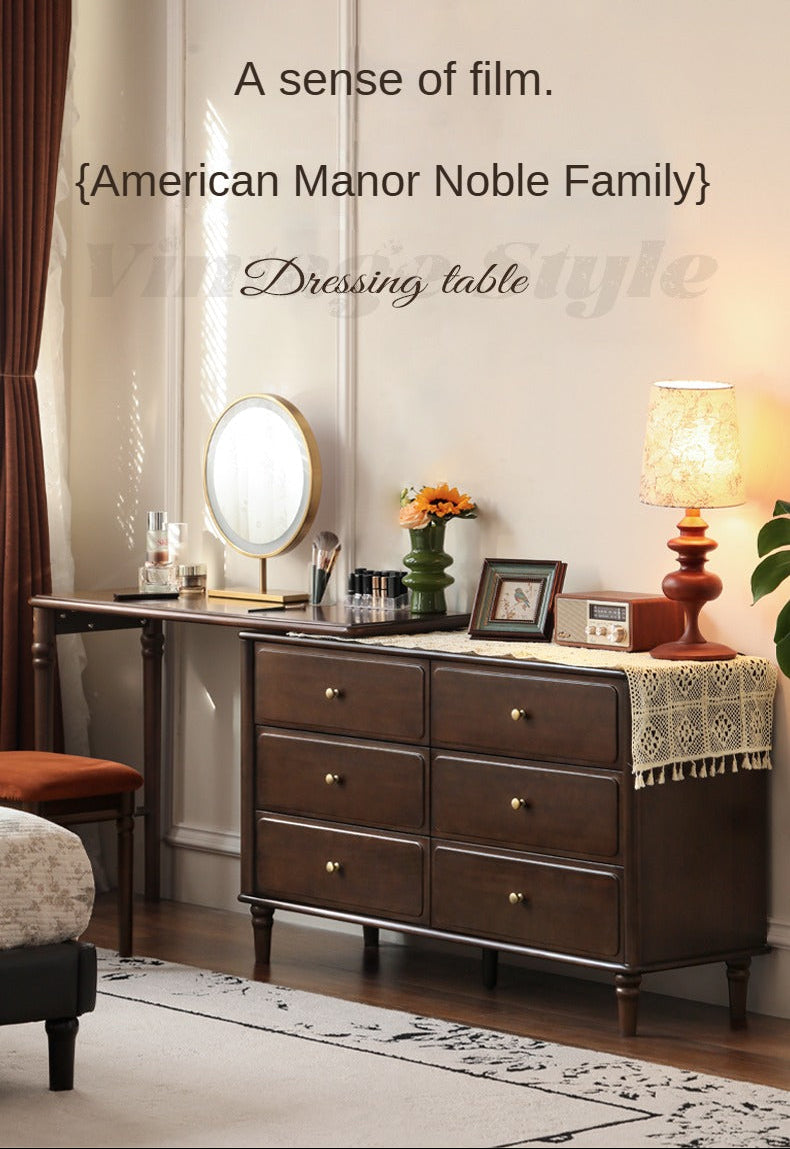 Black Walnut, Poplar Solid Wood Traditional Dresser with Attached Vanity Desk Extension and Turned Legs