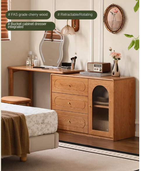 Cherry Solid Wood Retractable French Retro Dressing Table.