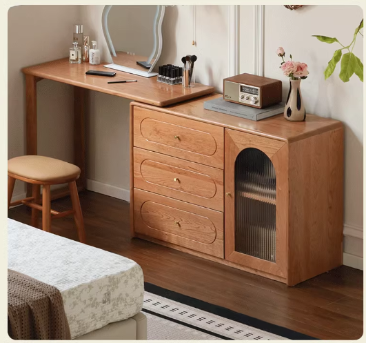 Cherry Solid Wood Retractable French Retro Dressing Table.
