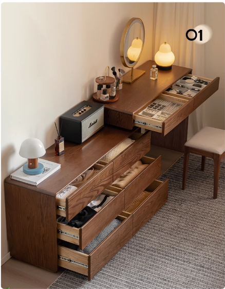 Oak Solid Wood Retro Style Retractable Dressing Table.