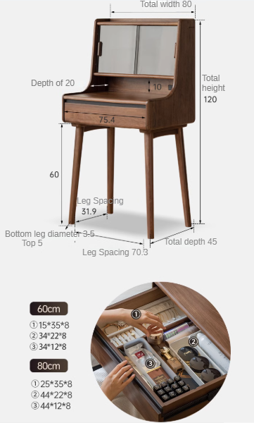 Black Walnut, Sandalwood Solid Wood Lighted Dressing Table.