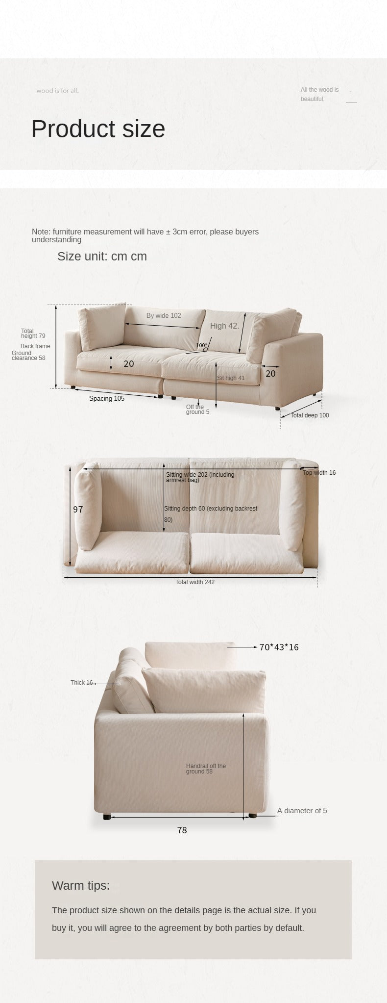 Fabric Sofa Straight Sofa White Cream Style.