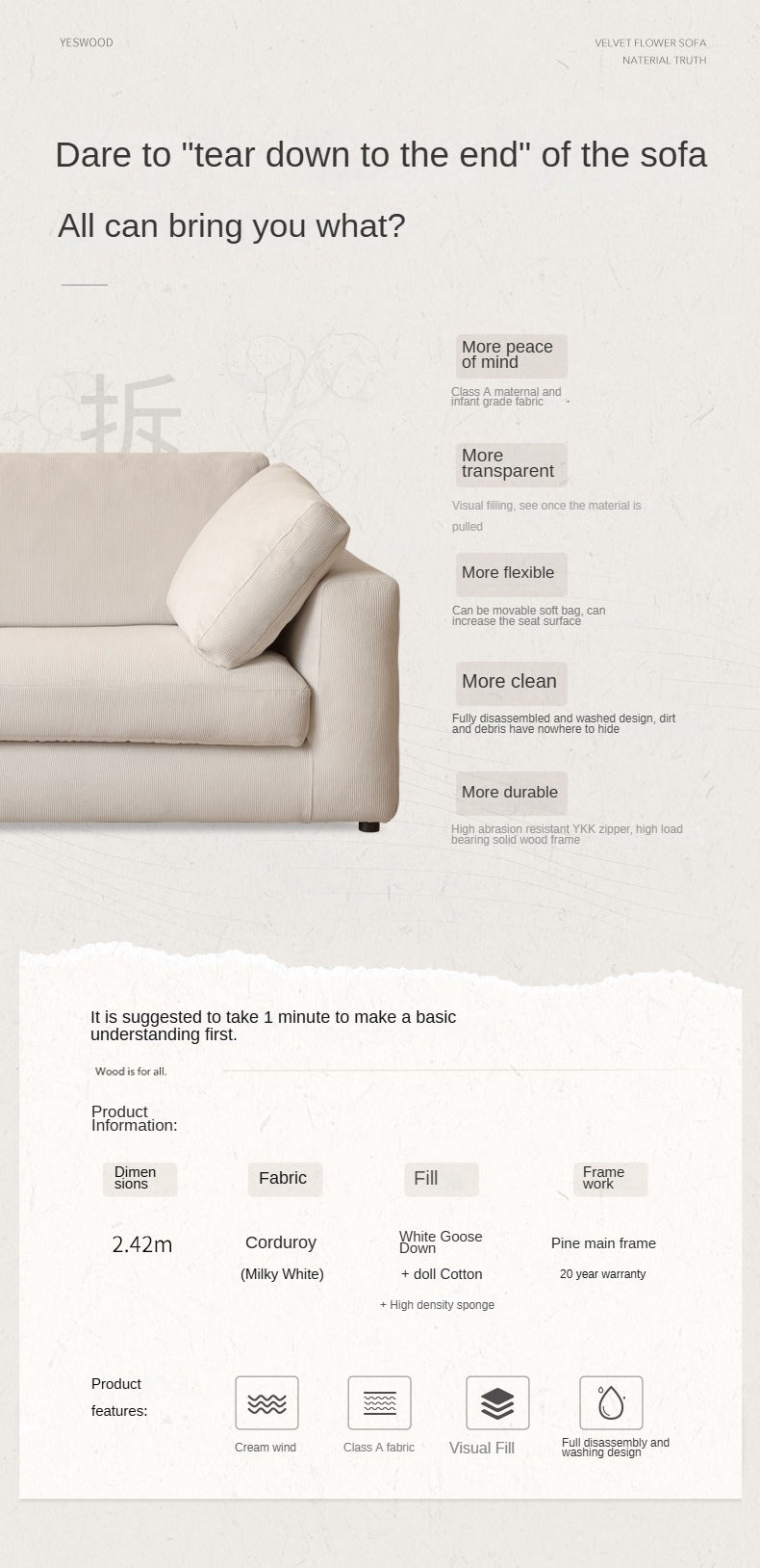 Fabric Sofa Straight Sofa White Cream Style.