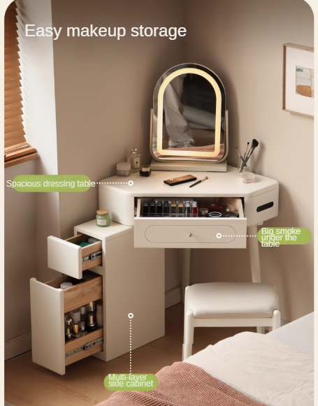 Poplar Solid Wood Corner White Dressing Table.