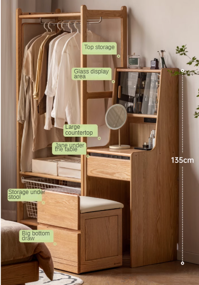 Oak, Solid Rubberwood Modern Vanity Table