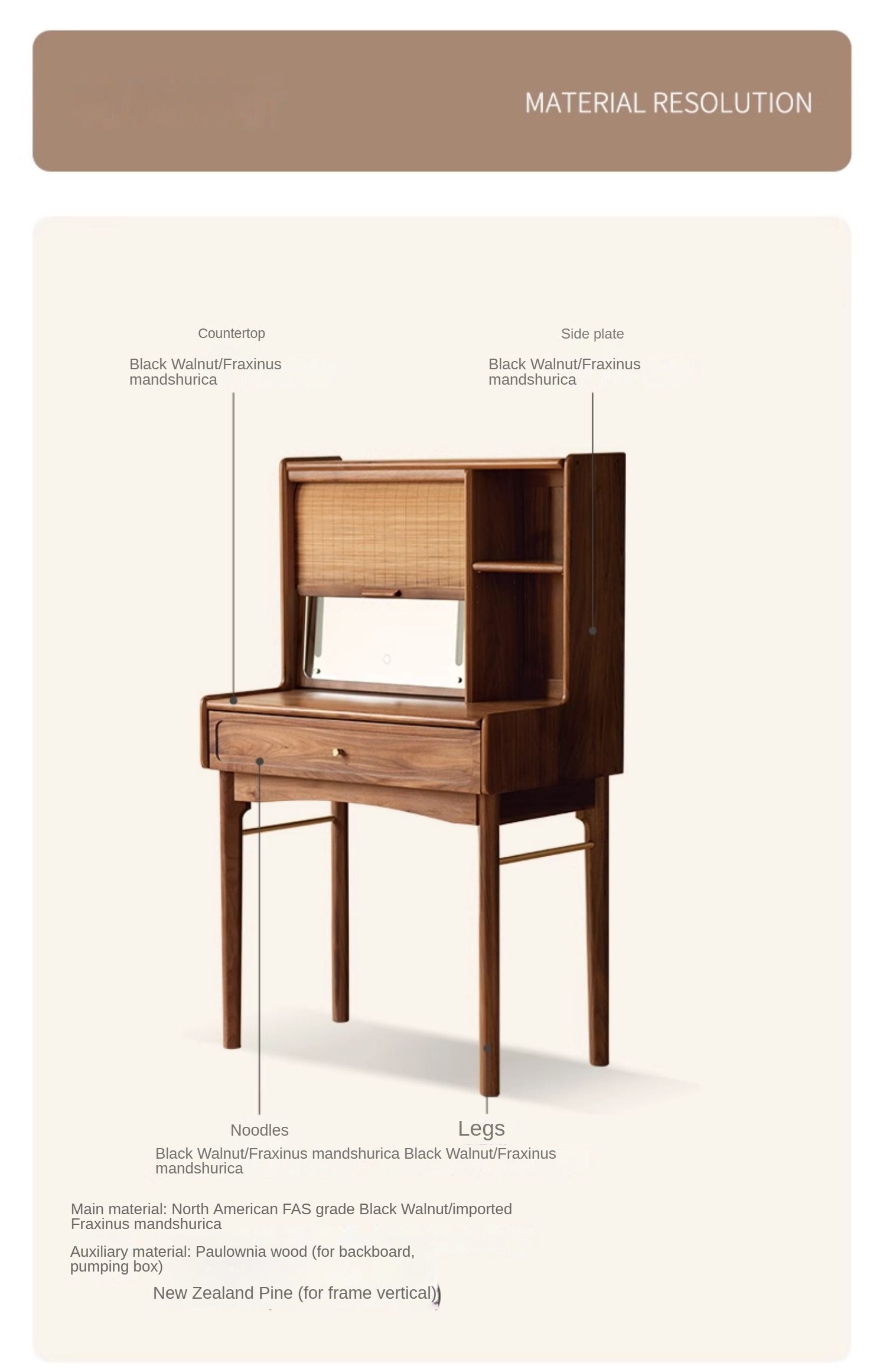 Ash, Oak, Black Walnut Solid Wood Dressing Table.