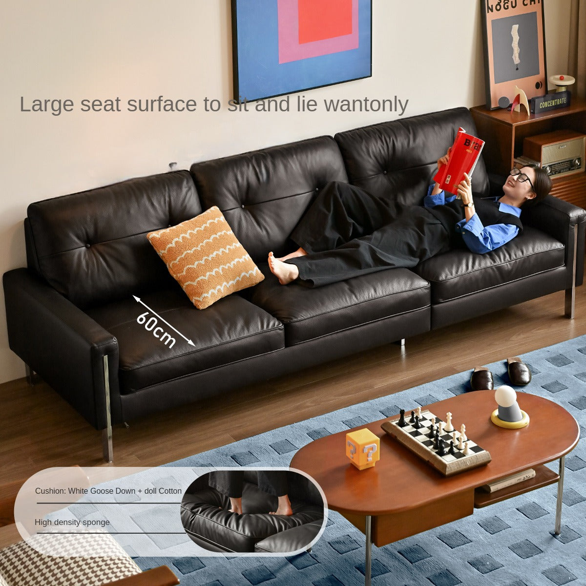 Leather Black High Back Down Straight Sofa.