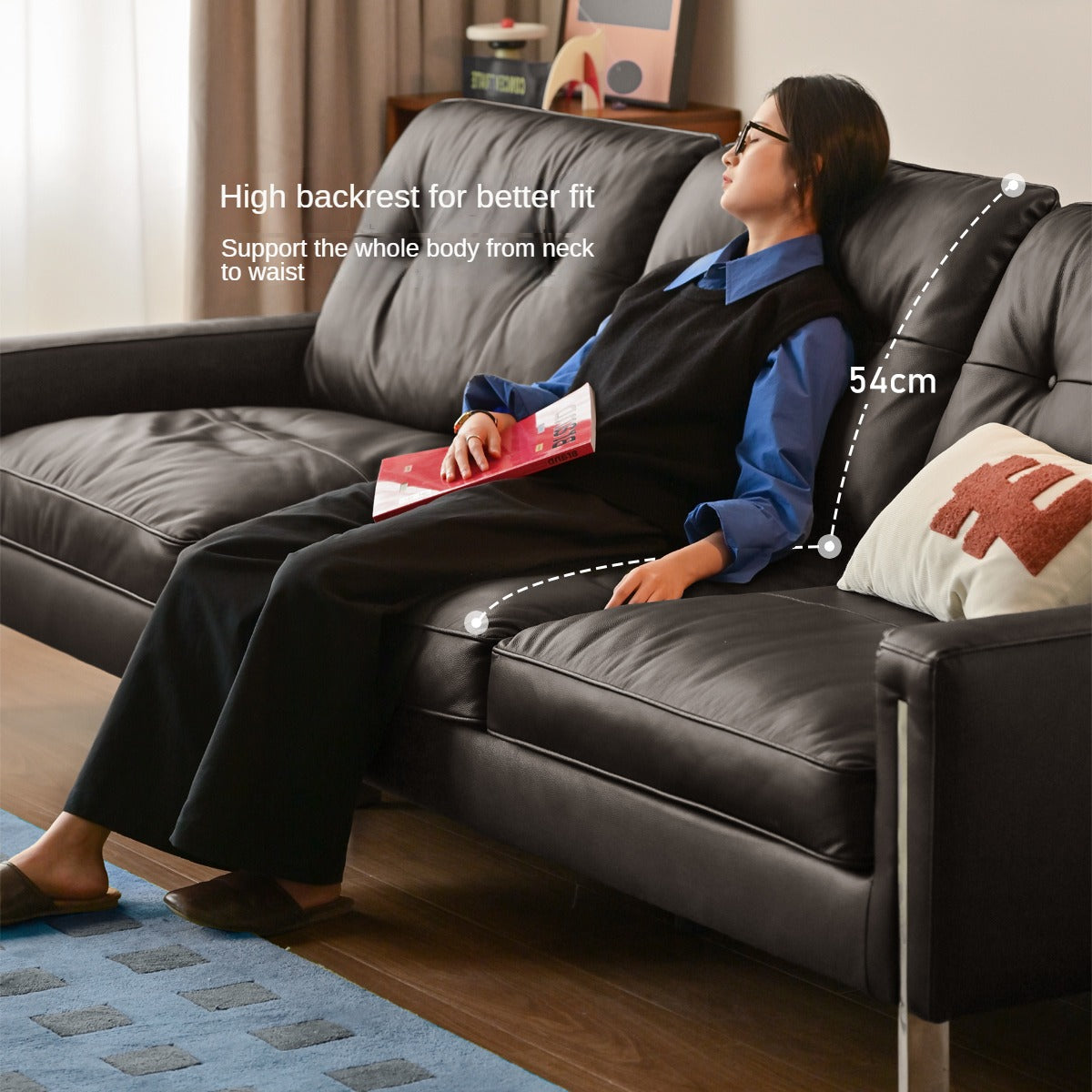 Leather Black High Back Down Straight Sofa.